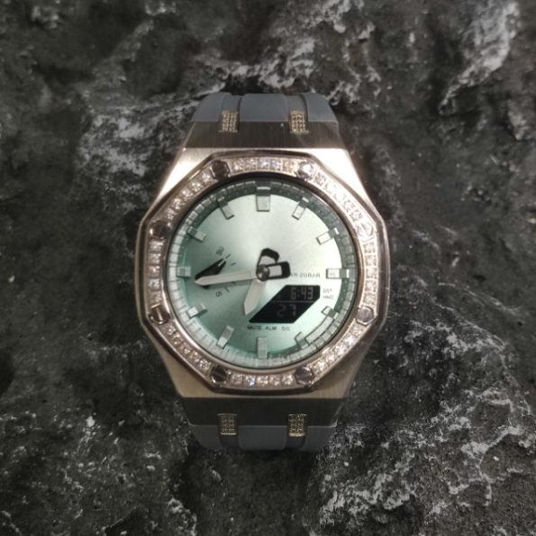 Ga2100 Mirror Light Green Dial Diamond Case Grey Rubber Strap