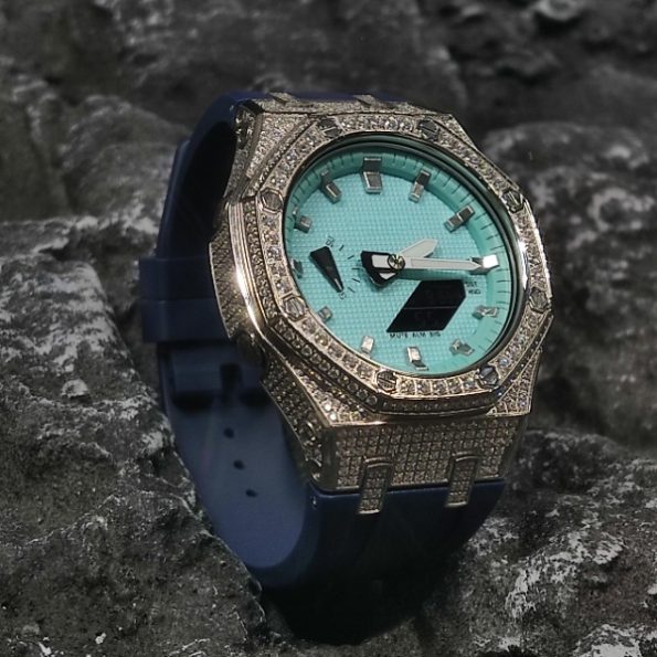 Ga2100 Navy Blue Rubber Strap Diamond Case Blue Dial Watch