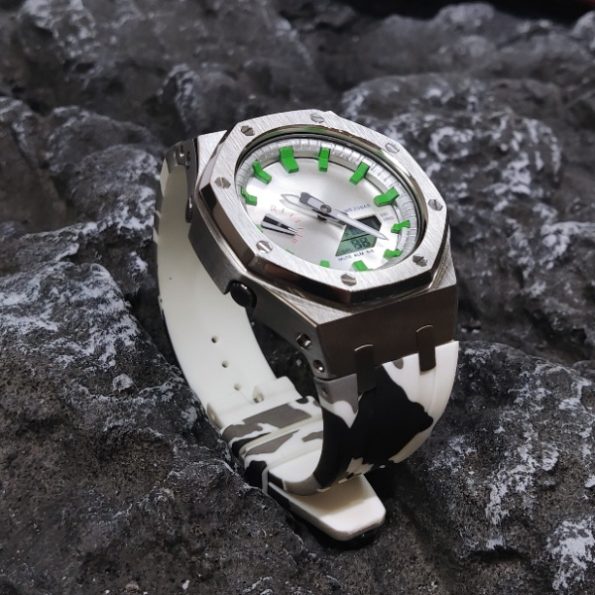 Ga2100 Polish Silver Case White Camo Rubber Strap Watch