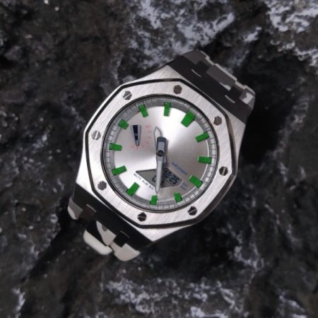 Ga2100 Polish Silver Case White Camo Rubber Strap Watch