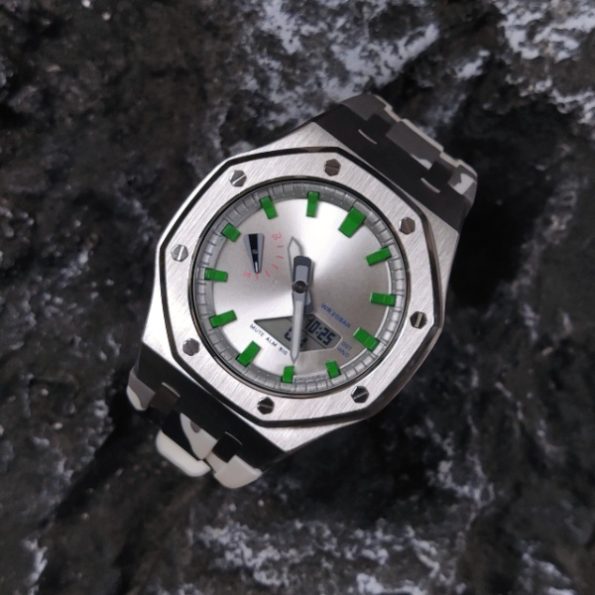 Ga2100 Polish Silver Case White Camo Rubber Strap Watch