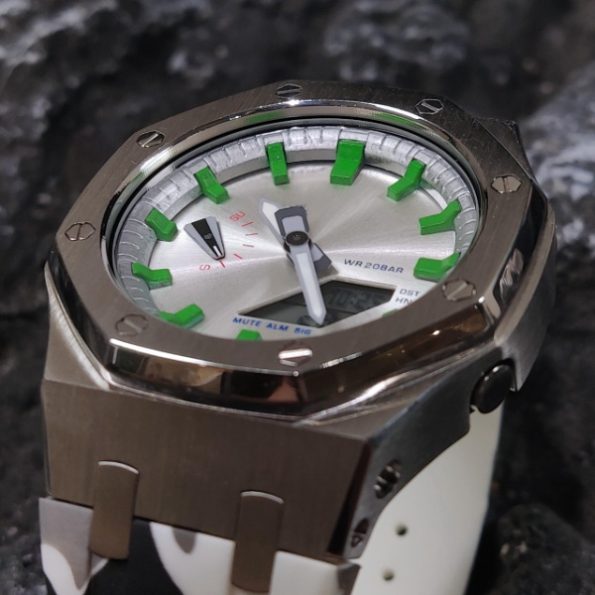 Ga2100 Polish Silver Case White Camo Rubber Strap Watch