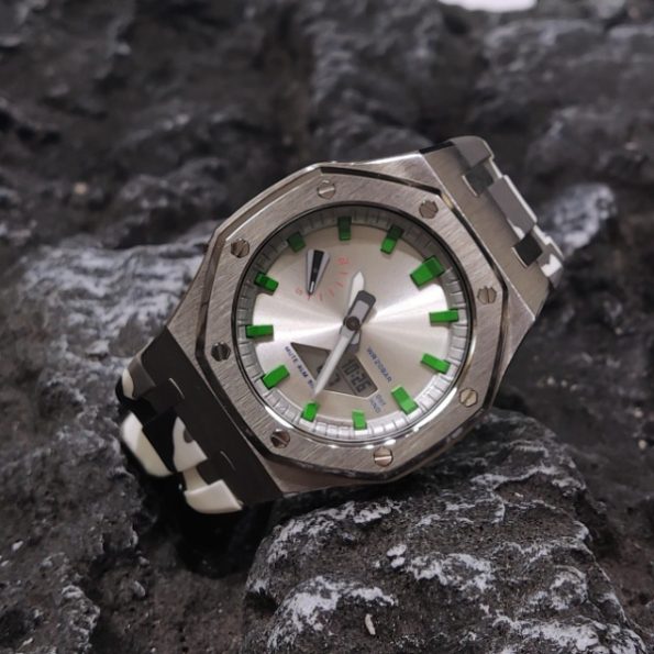 Ga2100 Polish Silver Case White Camo Rubber Strap Watch