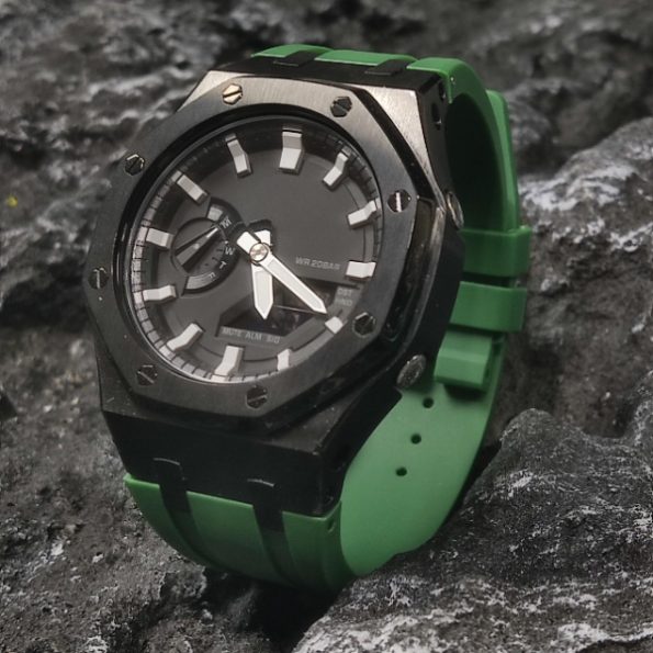Ga2100 Polish Black Case Black Dial With White Scale Green Watch