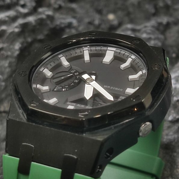 Ga2100 Polish Black Case Black Dial With White Scale Green Watch