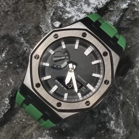Ga2100 Polish Black Case Black Dial With White Scale Green Watch