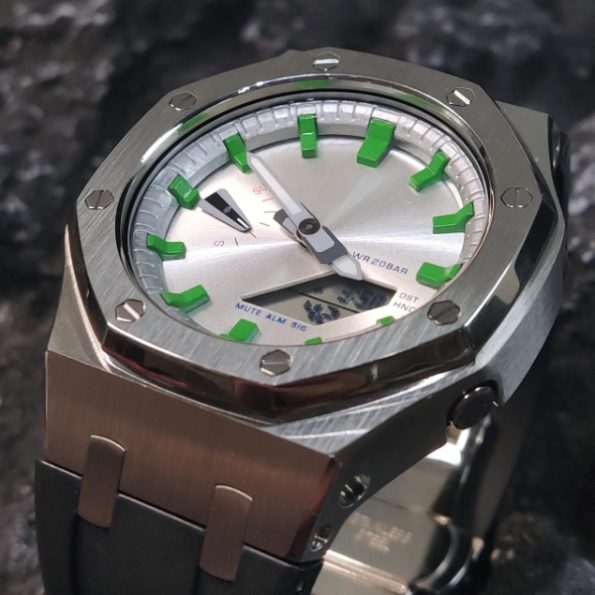 Ga2100 Silver Case Dial With Green Scale Black Rubber Strap