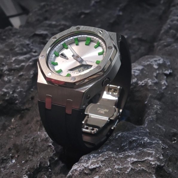 Ga2100 Silver Case Dial With Green Scale Black Rubber Strap