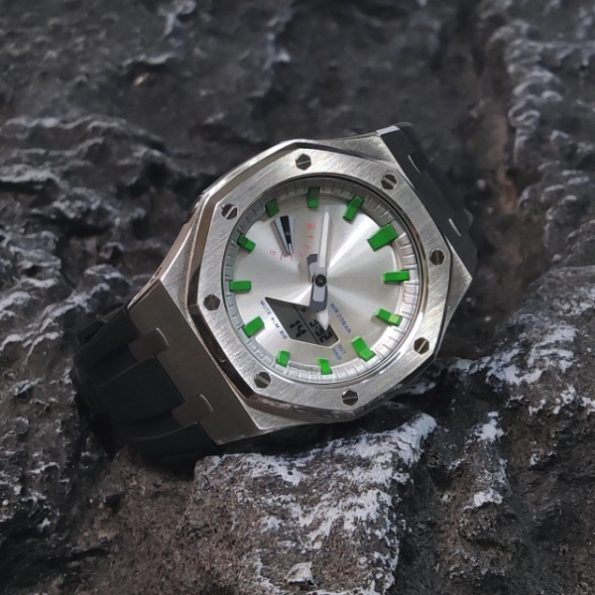 Ga2100 Silver Case Dial With Green Scale Black Rubber Strap