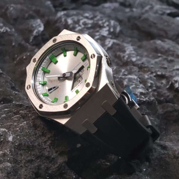 Ga2100 Silver Case Dial With Green Scale Black Rubber Strap