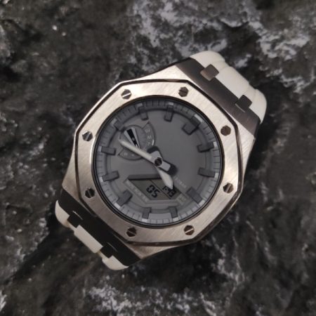 Ga2100 Silver Case Grey Dial White Rubber Strap Watch