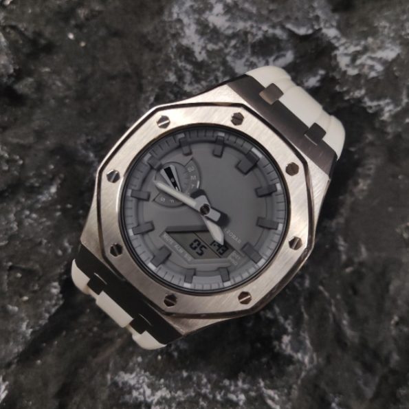 Ga2100 Silver Case Grey Dial White Rubber Strap Watch