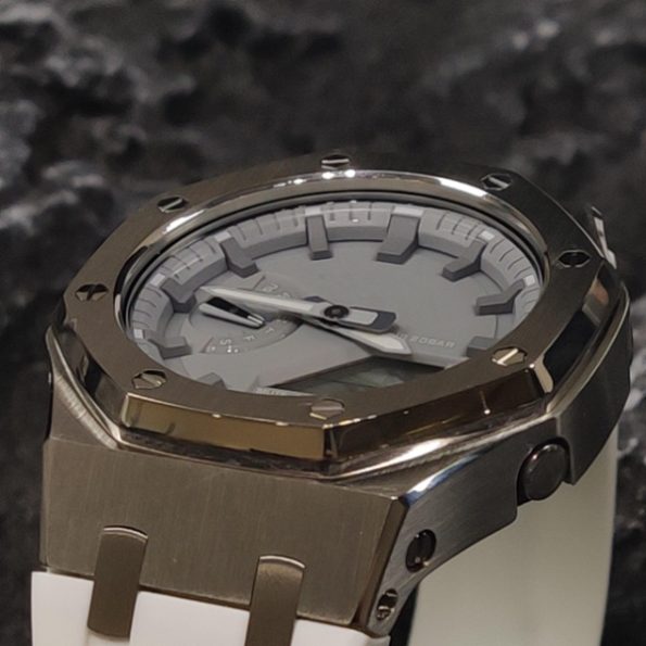 Ga2100 Silver Case Grey Dial White Rubber Strap Watch