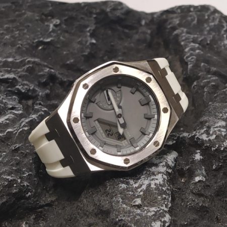Ga2100 Silver Case Grey Dial White Rubber Strap Watch 