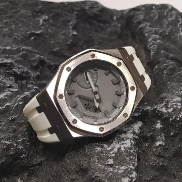 Ga2100 Silver Case Grey Dial White Rubber Strap Watch