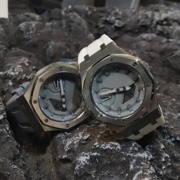 Ga2100 Silver Case Grey Dial White Rubber Strap Watch