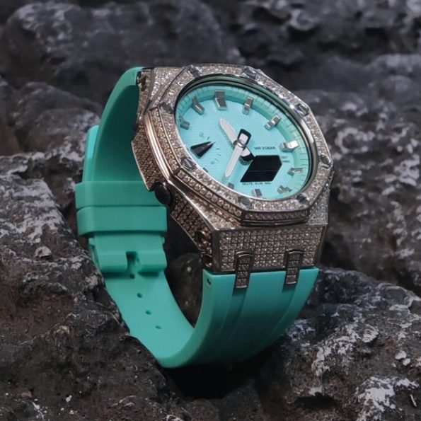 Ga2100 Silver Diamond And Tiffany Blue Rubber Strap Watch