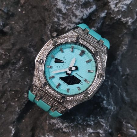 Ga2100 Silver Diamond And Tiffany Blue Rubber Strap Watch