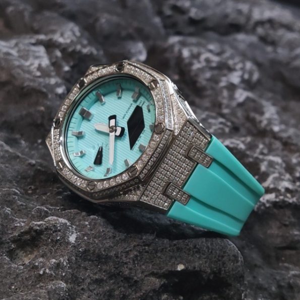 Ga2100 Silver Diamond And Tiffany Blue Rubber Strap Watch