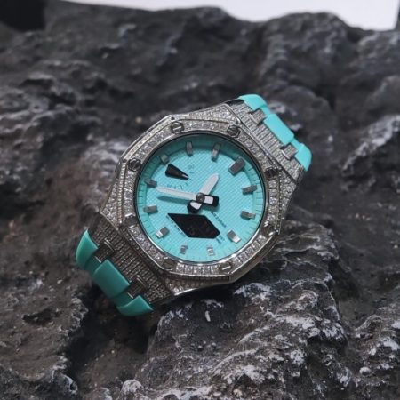 Ga2100 Silver Diamond And Tiffany Blue Rubber Strap Watch 