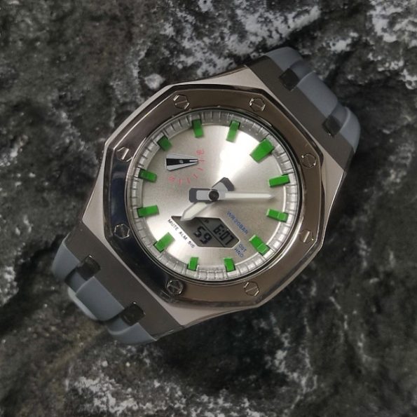 Ga2100 Silver Grey Watch With Green Scale Rubber Strap Band