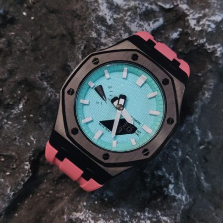Ga2100 Tiffany Blue Embossed Dial Pink Rubber Strap