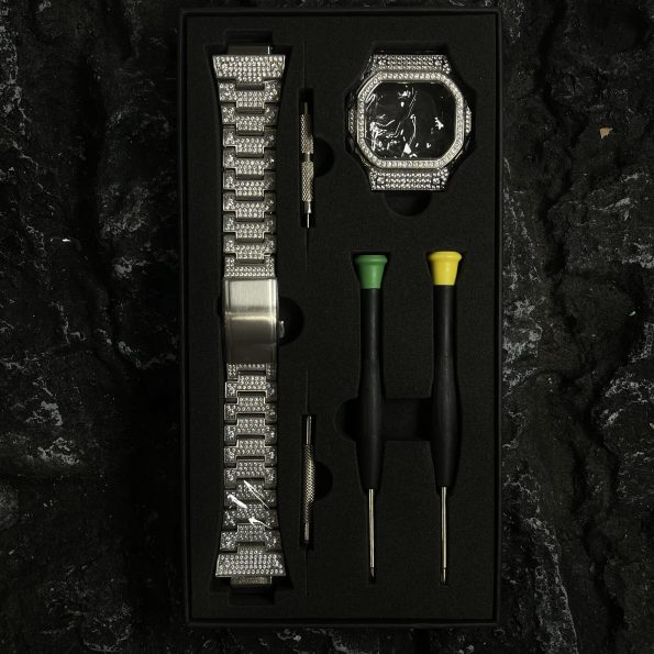 Dw5600 Mod Kit Full Silver Diamond Case Stainless Steel Strap Band