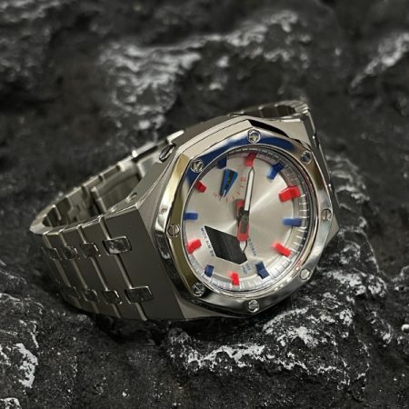 Ga2100 All Silver Stainless Steel Case Red & Blue Marker 