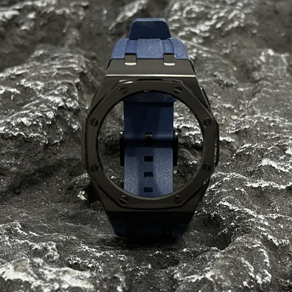 Ga2100 Black Polish Bezel Navy Blue Rubber Strap