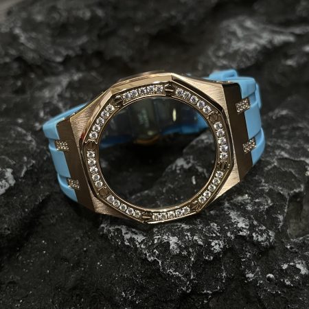 Ga2100 Diamond Bezel Gold Case Blue Rubber Strap 