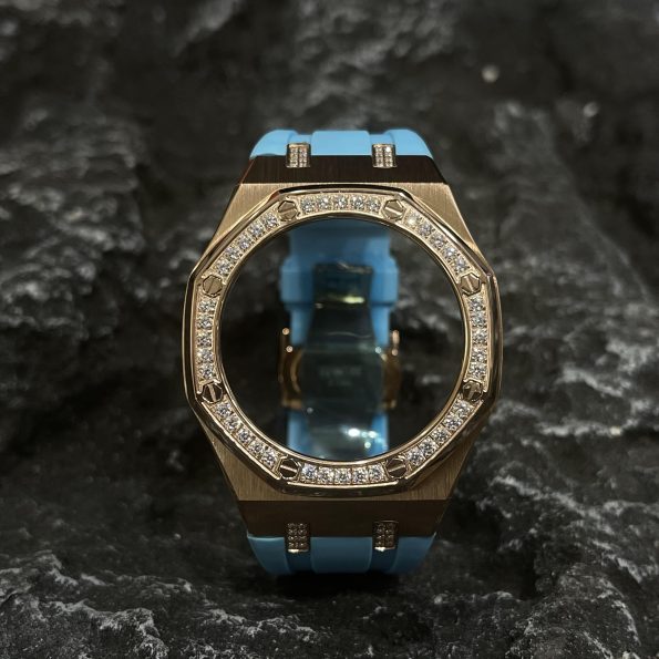 Ga2100 Diamond Bezel Gold Case Blue Rubber Strap
