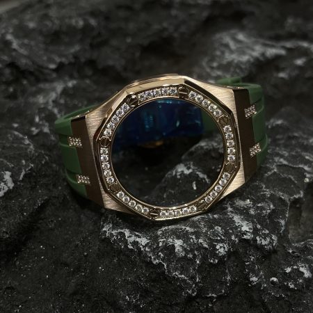 Ga2100 Diamond Bezel Gold Case Green Rubber Strap 