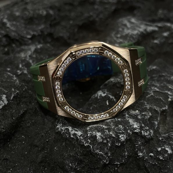 Ga2100 Diamond Bezel Gold Case Green Rubber Strap