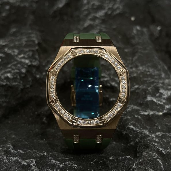 Ga2100 Diamond Bezel Gold Case Green Rubber Strap