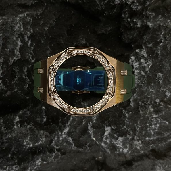 Ga2100 Diamond Bezel Gold Case Green Rubber Strap