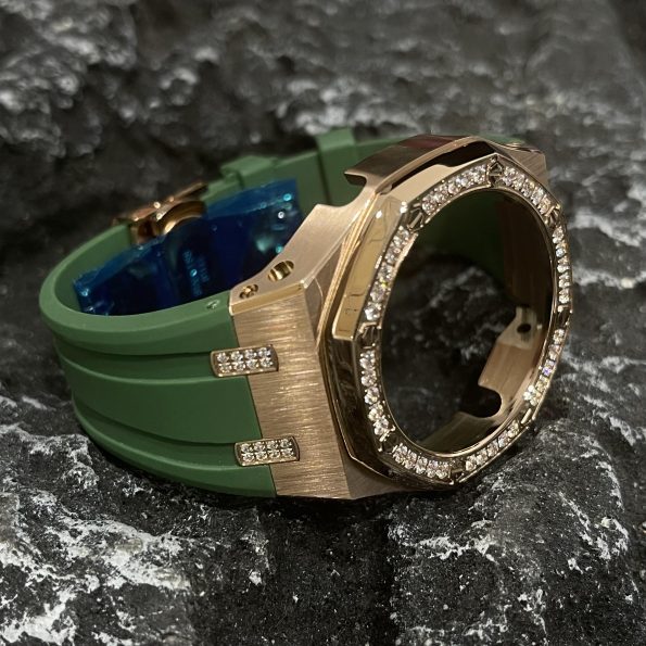 Ga2100 Diamond Bezel Gold Case Green Rubber Strap