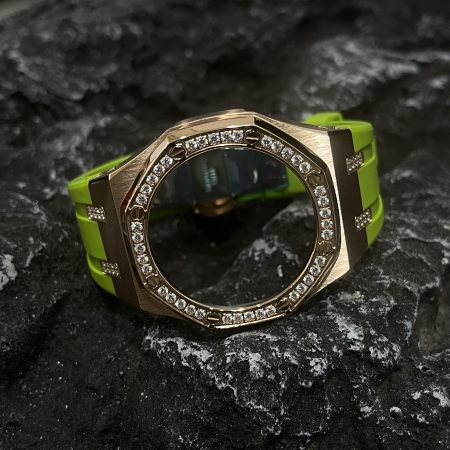 Ga2100 Diamond Bezel Gold Case Light Green Rubber Strap 