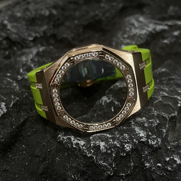 Ga2100 Diamond Bezel Gold Case Light Green Rubber Strap