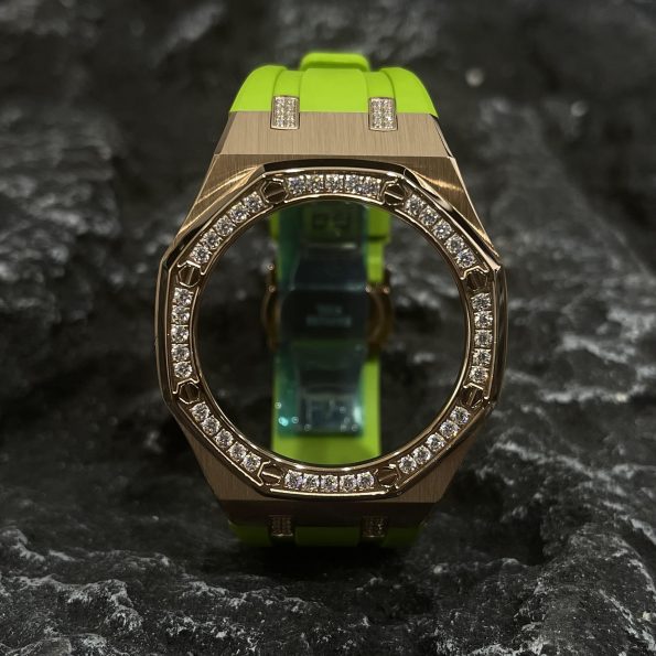 Ga2100 Diamond Bezel Gold Case Light Green Rubber Strap