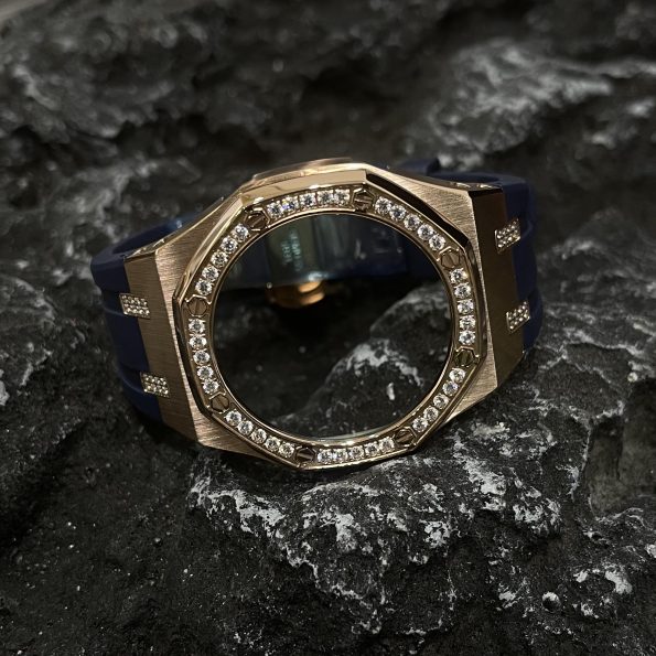 Ga2100 Diamond Bezel Gold Case Navy Blue Rubber Strap