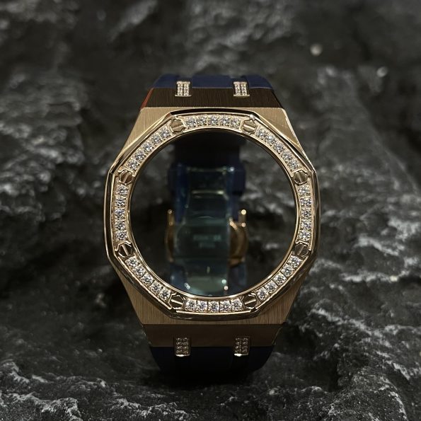 Ga2100 Diamond Bezel Gold Case Navy Blue Rubber Strap