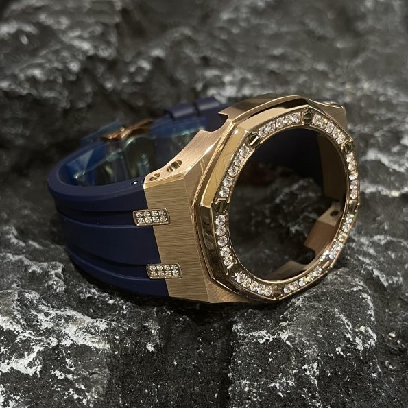 Ga2100 Diamond Bezel Gold Case Navy Blue Rubber Strap