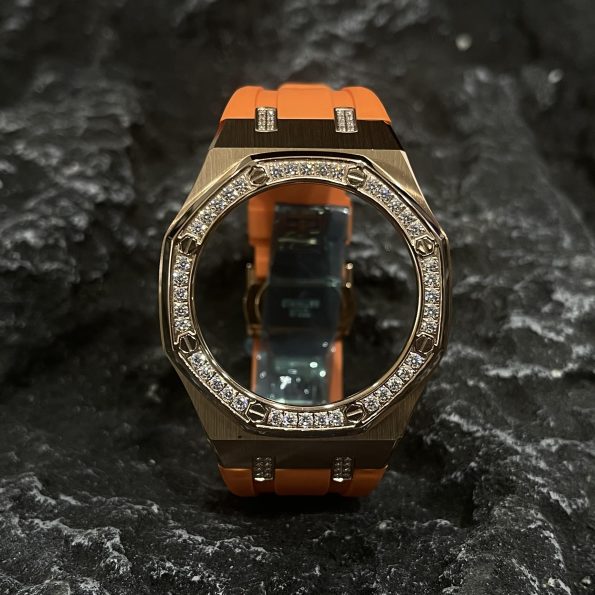 Ga2100 Diamond Bezel Gold Case Orange Rubber Strap