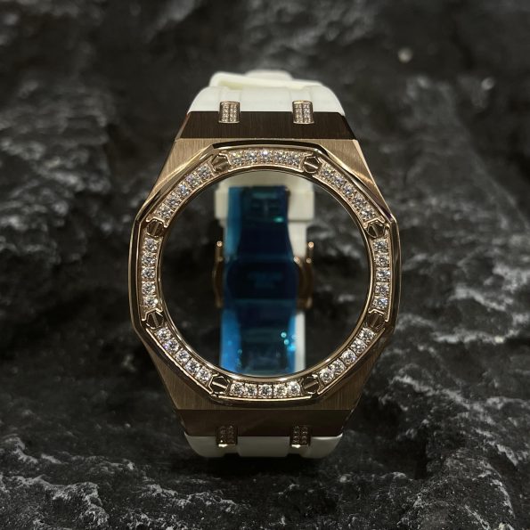 Ga2100 Diamond Bezel Gold Case White Rubber Strap