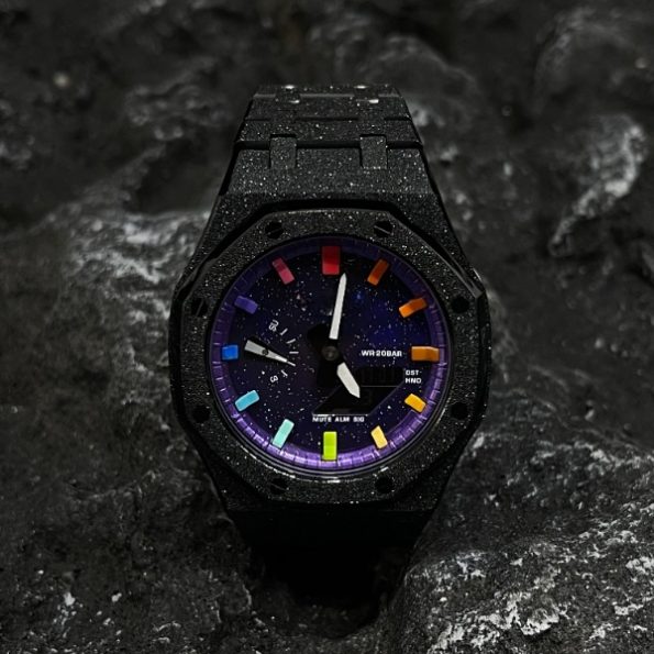 Ga2100 Mod Galaxy Dial Rainbow Hour Marker Steel Watch