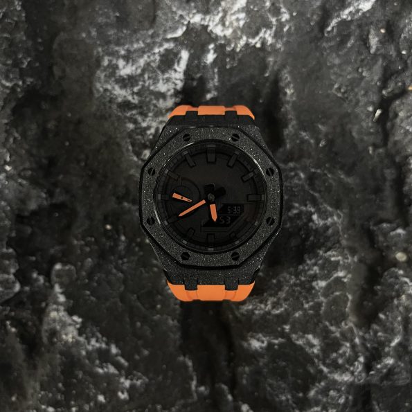 Ga2100 Mod Orange Hour Marker Black Core Rubber Strap Watch