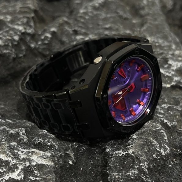 Ga2100 Mod Purple Dial Red Marker Black Steel Strap