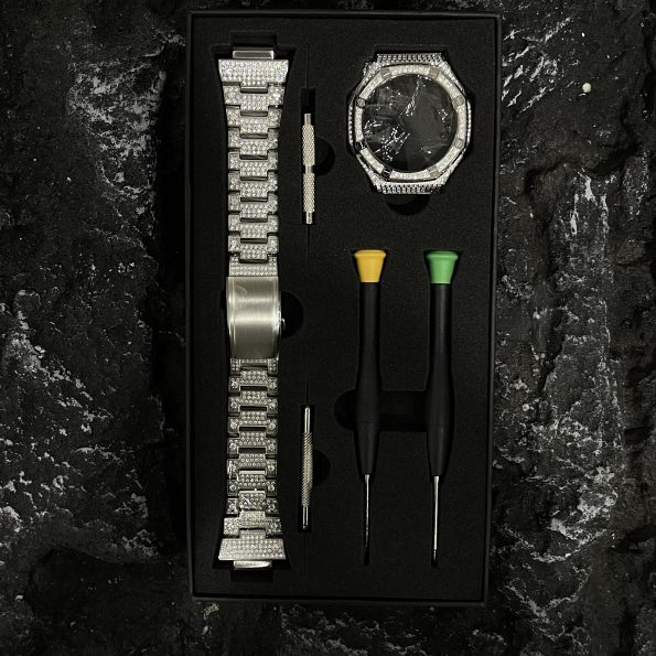 Ga2100 Mod Kit Full Silver Diamond Case Stainless Steel Strap Band