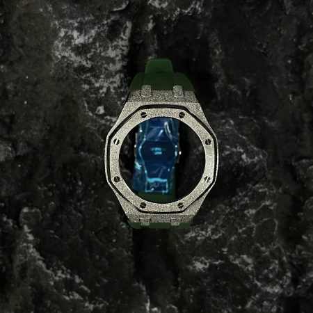 Ga2100 Silver Glitter Case Green Rubber Watch Band