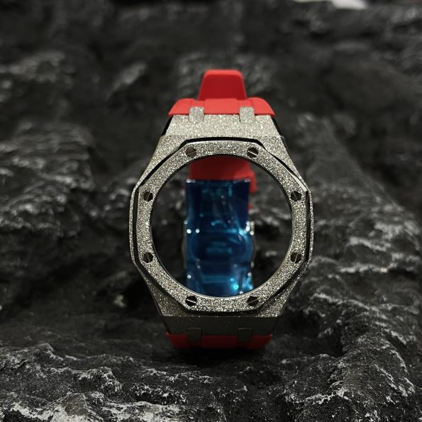 Ga2100 Silver Glitter Case Red Rubber Watch Band